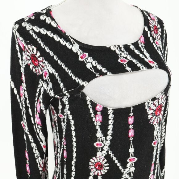 Cache Sweater Womens Medium Black Pink Low Cut Out Jewelry Print Pullover - Picture 6 of 11